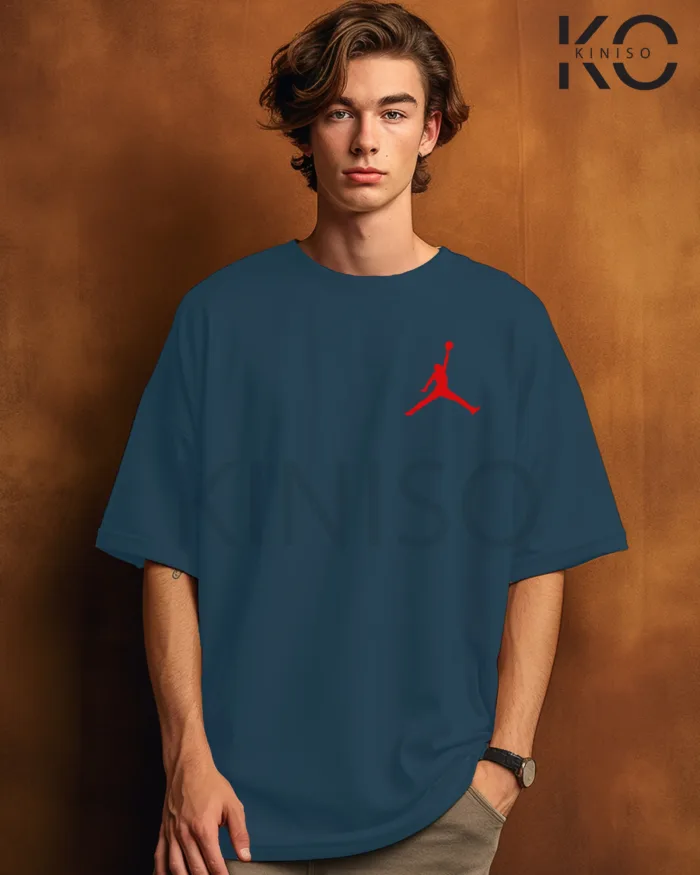 Image of Glaucous Blue Color NBA Drop Shoulder T-Shirts with Air Jordan Printed for Basketball Lovers