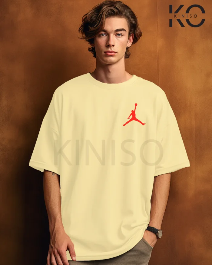Image of Off White Color NBA Drop Shoulder T-Shirts with Air Jordan Printed for Basketball Lovers