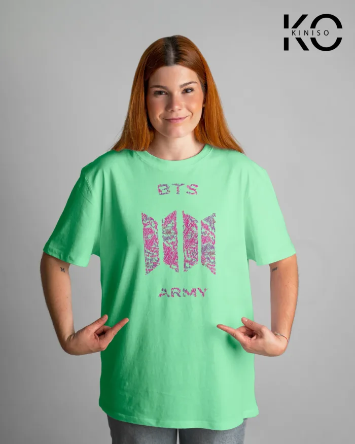 Round Neck Drop Shoulder BTS Army Double EPS Printed T-Shirt for Women