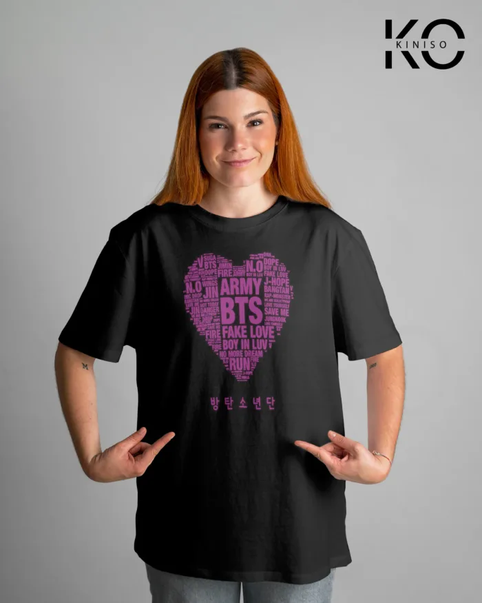 Round Neck Drop Shoulder BTS Army Heart Printed T-Shirt for Women - Image 8