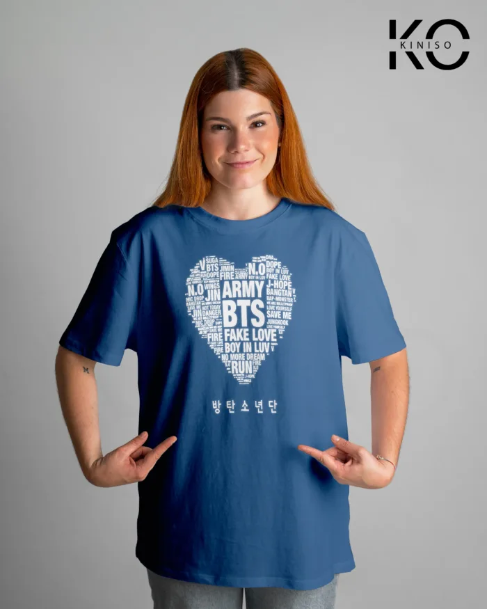 Round Neck Drop Shoulder BTS Army Heart Printed T-Shirt for Women