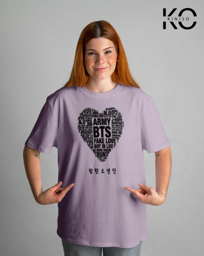 Round Neck Drop Shoulder BTS Army Heart Printed T-Shirt for Women - Image 7