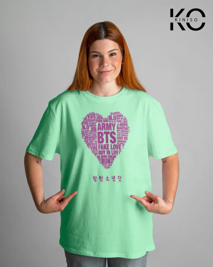 Round Neck Drop Shoulder BTS Army Heart Printed T-Shirt for Women - Image 5