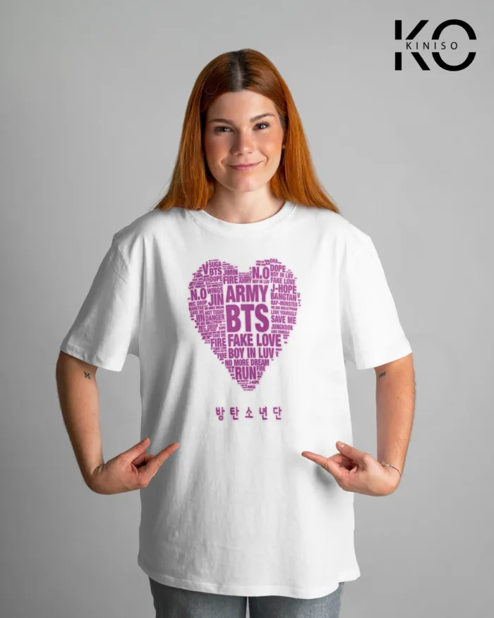 Round Neck Drop Shoulder BTS Army Heart Printed T-Shirt for Women - Image 2