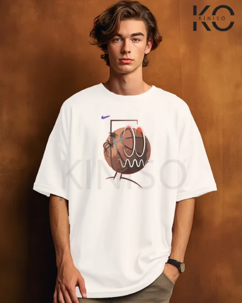 Image of White Color NBA Drop Shoulder T-Shirts with Ball in Basket Printed for Basketball Lovers