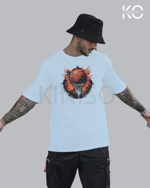 Image of Sky Blue Color NBA Drop Shoulder T-Shirts with Basketball Splash Printed for Basketball Lovers