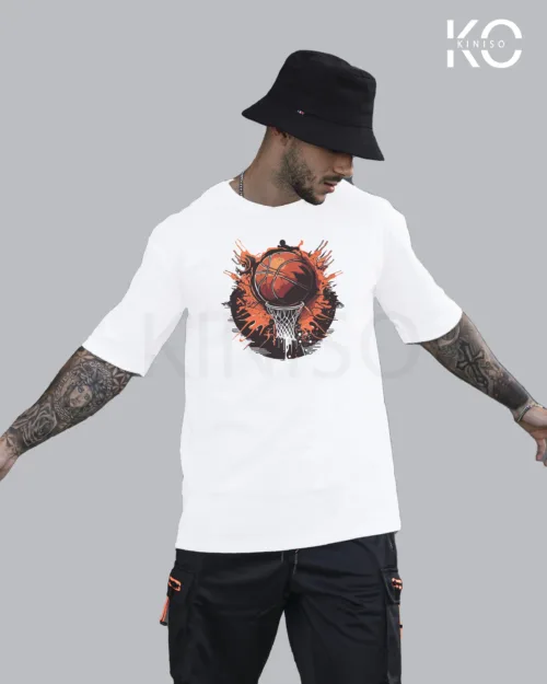 Image of White Color NBA Drop Shoulder T-Shirts with Basketball Splash Printed for Basketball Lovers