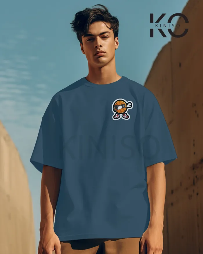 Image of Glaucous Blue Color NBA Drop Shoulder T-Shirts with Basketball Sunglass Printed for Basketball Lovers