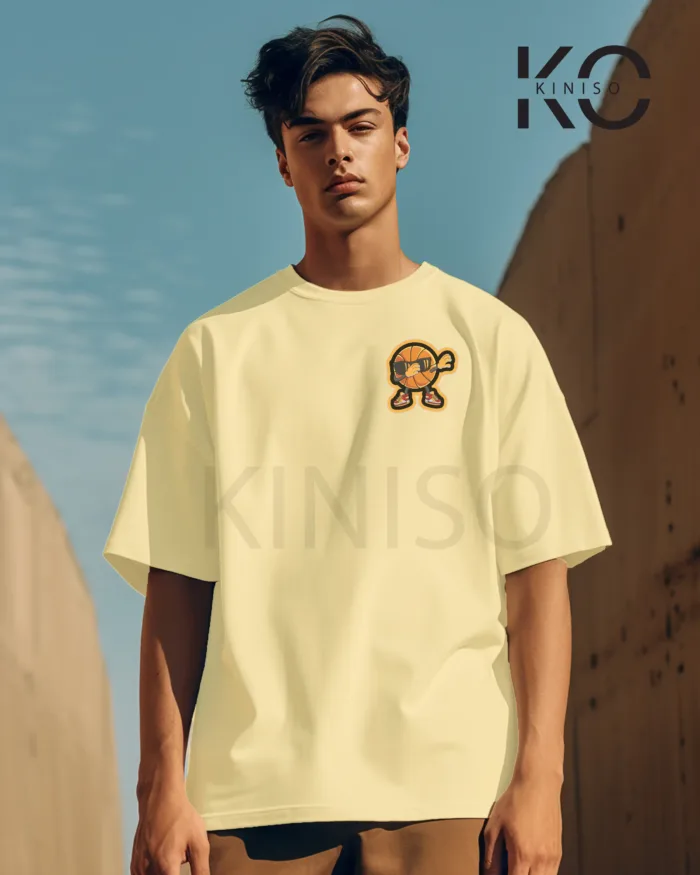 Image of Off White Color NBA Drop Shoulder T-Shirts with Basketball Sunglass Printed for Basketball Lovers