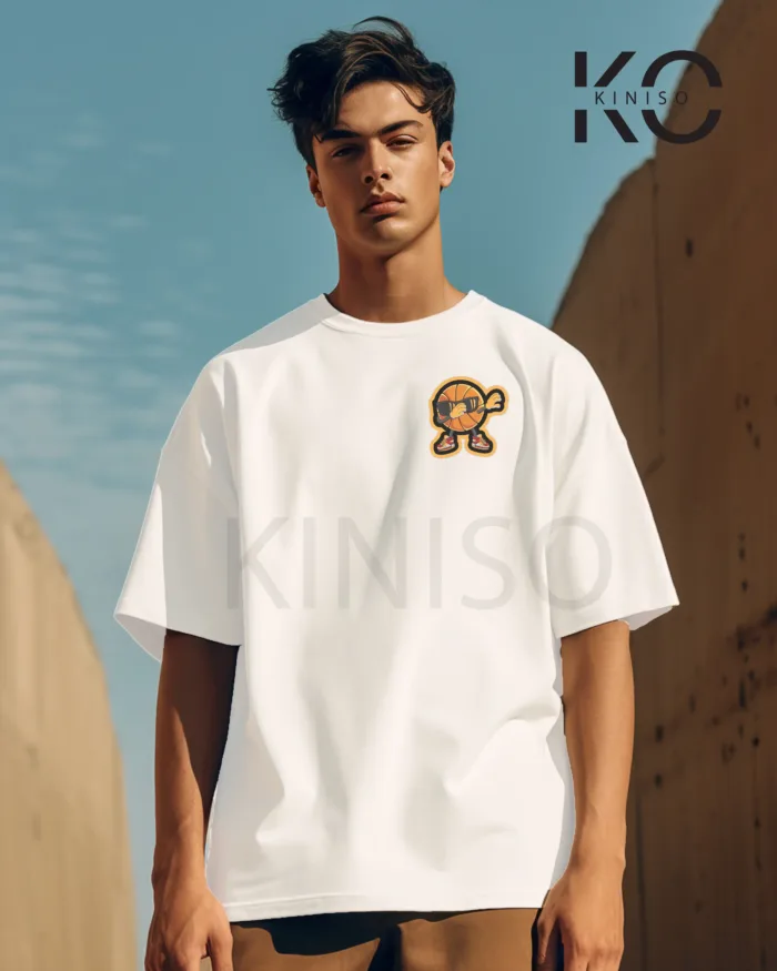 Image of White Color NBA Drop Shoulder T-Shirts with Basketball Sunglass Printed for Basketball Lovers