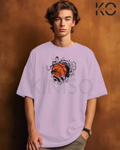 Image of Light Purple Color NBA Drop Shoulder T-Shirts with Basketball Crack Printed for Basketball Lovers