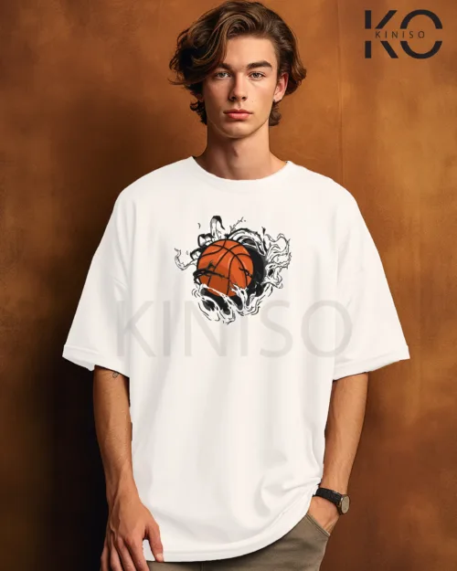 Image of White Color NBA Drop Shoulder T-Shirts with Basketball Crack Printed for Basketball Lovers