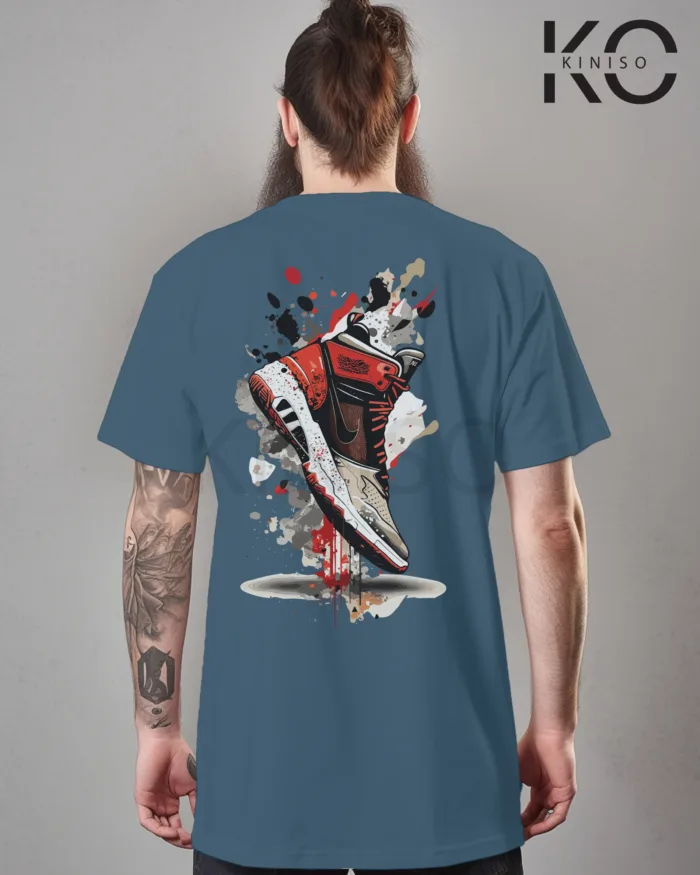 Image of Glaucous Blue Color NBA Drop Shoulder T-Shirts with Basketball Shoe Grafitti Printed for Basketball Lovers