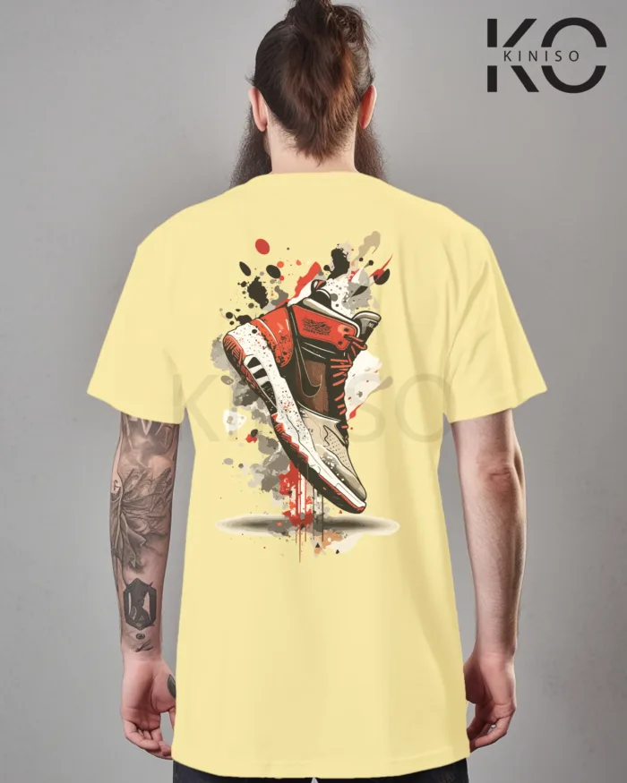 Image of Off White Color NBA Drop Shoulder T-Shirts with Basketball Shoe Grafitti Printed for Basketball Lovers