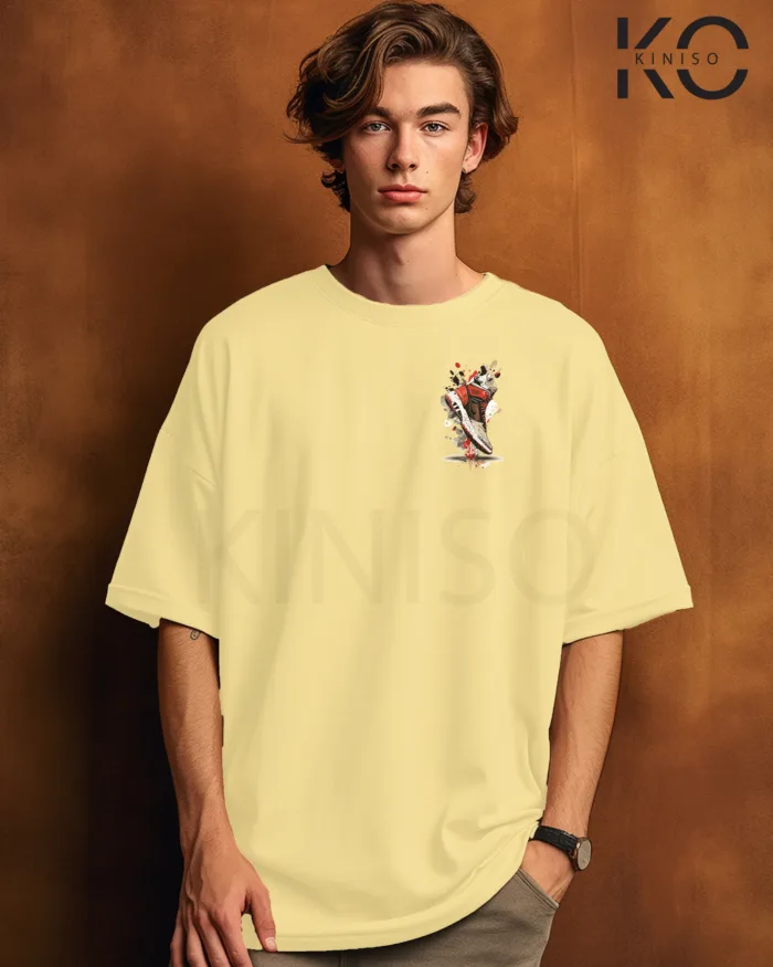 Image of Off White Color NBA Drop Shoulder T-Shirts with Basketball Shoe Grafitti Printed for Basketball Lovers
