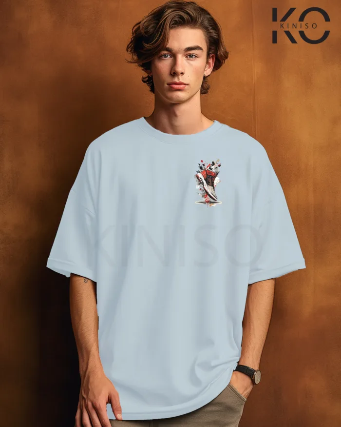 Image of Sky Blue Color NBA Drop Shoulder T-Shirts with Basketball Shoe Grafitti Printed for Basketball Lovers