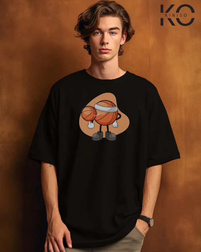 Image of Black Color NBA Drop Shoulder T-Shirts with Basketball Spinning Printed for Basketball Lovers