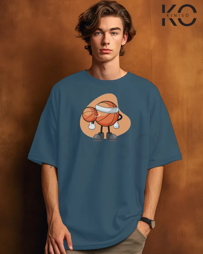 Image of Galucous Blue Color NBA Drop Shoulder T-Shirts with Basketball Spinning Printed for Basketball Lovers