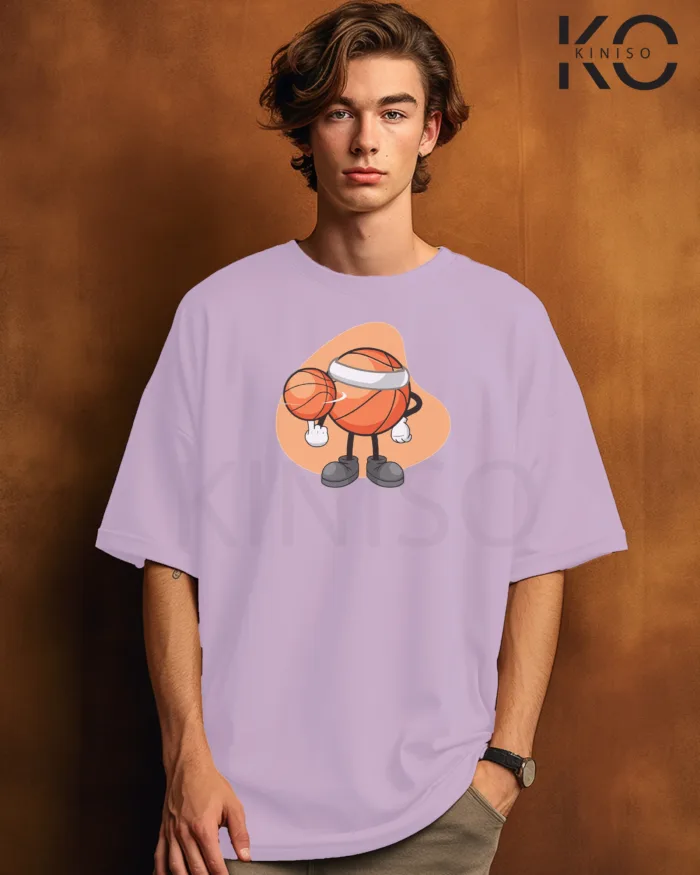 Image of Light Purple Color NBA Drop Shoulder T-Shirts with Basketball Spinning Printed for Basketball Lovers