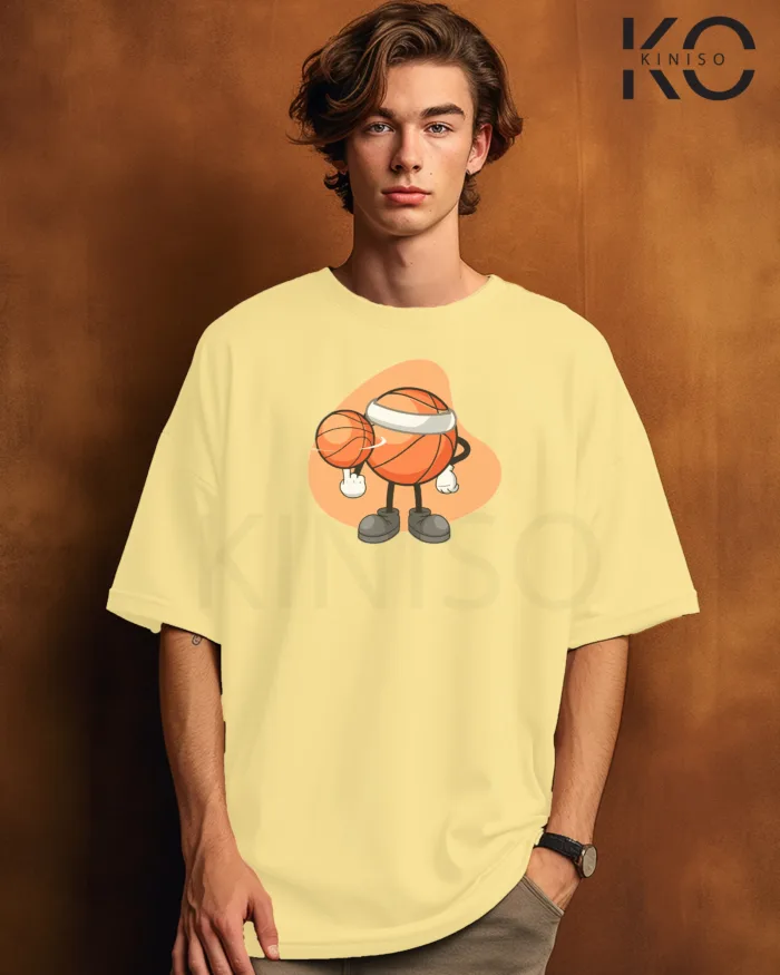 Image of Off White Color NBA Drop Shoulder T-Shirts with Basketball Spinning Printed for Basketball Lovers
