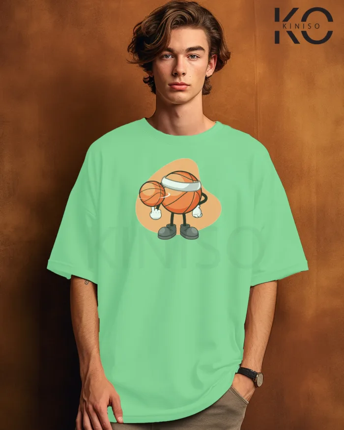Image of Pastel Mint Color NBA Drop Shoulder T-Shirts with Basketball Spinning Printed for Basketball Lovers
