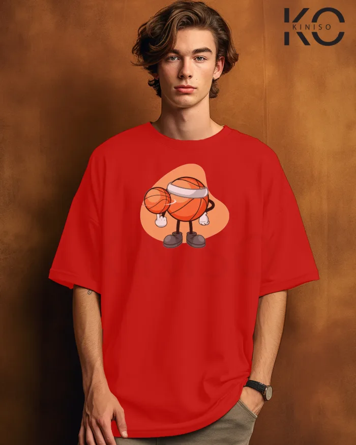 Image of Red Color NBA Drop Shoulder T-Shirts with Basketball Spinning Printed for Basketball Lovers
