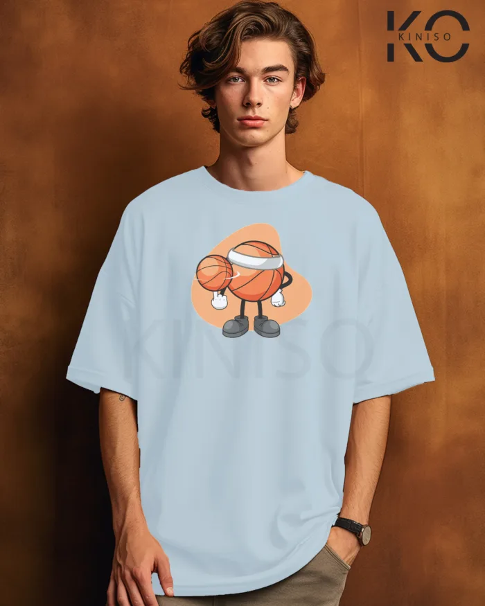 Image of Sky Blue Color NBA Drop Shoulder T-Shirts with Basketball Spinning Printed for Basketball Lovers