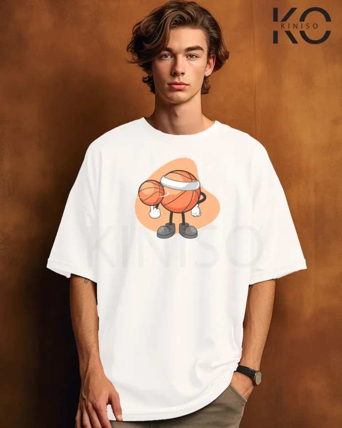 Image of White Color NBA Drop Shoulder T-Shirts with Basketball Spinning Printed for Basketball Lovers