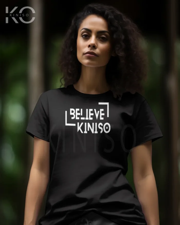 Image of Black color half sleeve designer t-shirt with Believe in Kiniso print for women at reasonable price