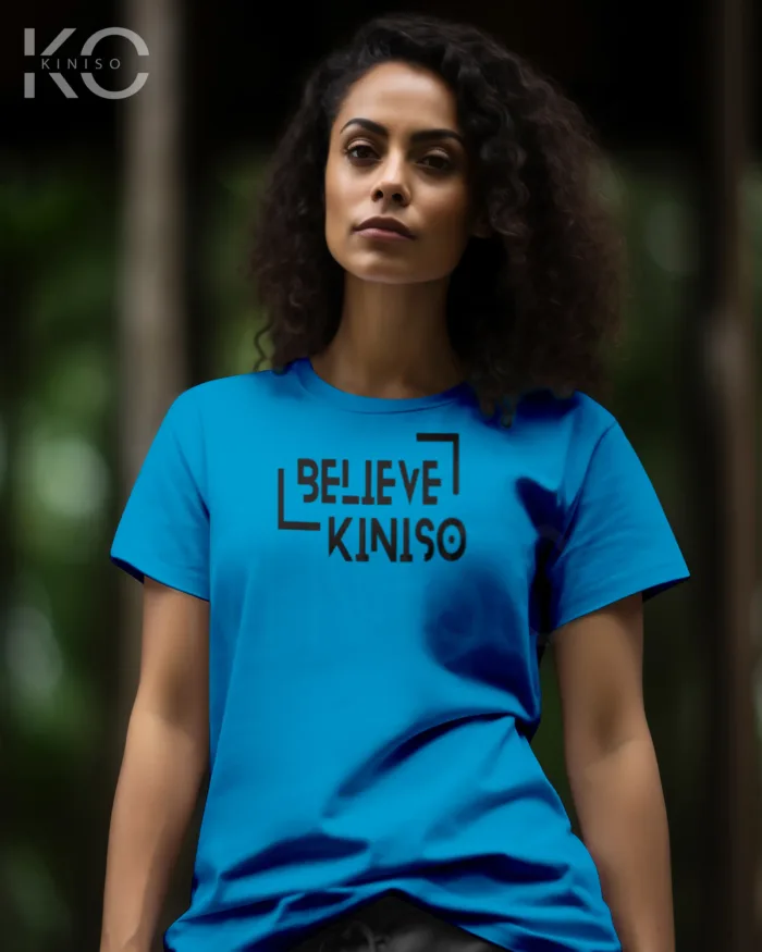 Image of Blue color half sleeve designer t-shirt with Believe in Kiniso print for women at reasonable price