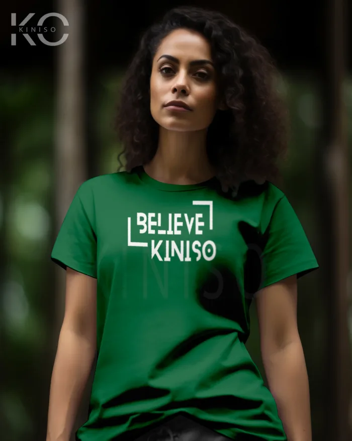 Image of Bottle Green color half sleeve designer t-shirt with Believe in Kiniso print for women at reasonable price
