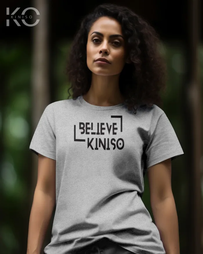 Image of Light Grey color half sleeve designer t-shirt with Believe in Kiniso print for women at reasonable price