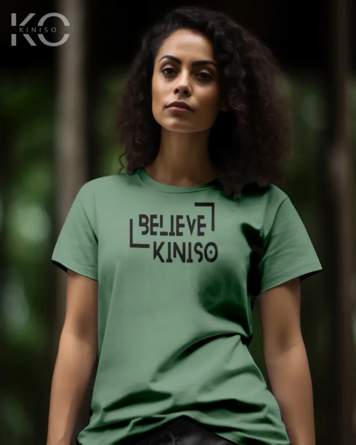 Image of Pastel Green color half sleeve designer t-shirt with Believe in Kiniso print for women at reasonable price
