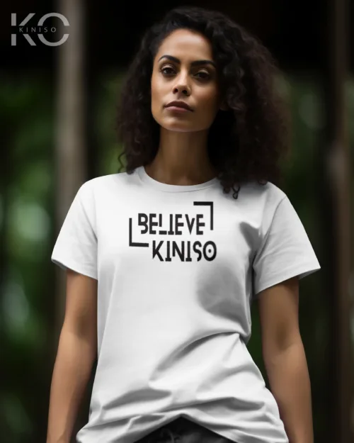 Image of White color half sleeve designer t-shirt with Believe in Kiniso print for women at reasonable price