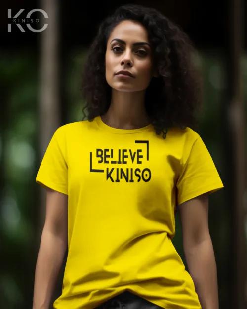 Image of Yellow color half sleeve designer t-shirt with Believe in Kiniso print for women at reasonable price