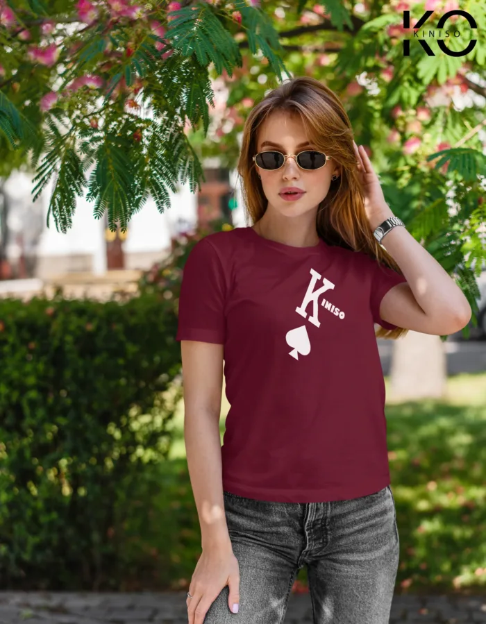 Image of Maroon color half sleeve designer t-shirt with Black Heart print for women at reasonable price