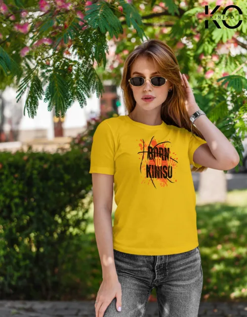 Image of Yellow color half sleeve designer t-shirt with born to Kiniso print for women at reasonable price