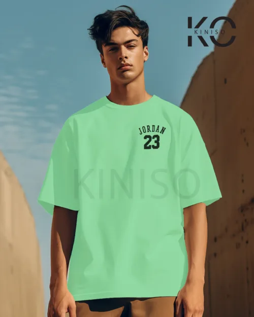 Image of Pastel Mint Color NBA Drop Shoulder T-Shirts with Bulls Jordan Printed for Basketball Lovers