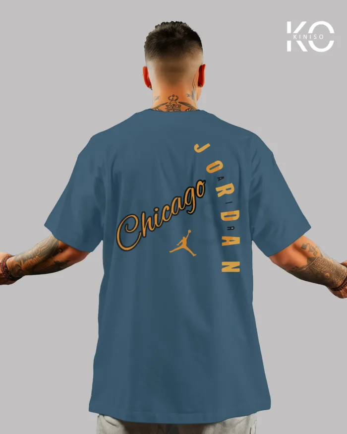 Image of Glaucous Blue Color NBA Drop Shoulder T-Shirts with Chicago Jordan Printed for Basketball Lovers
