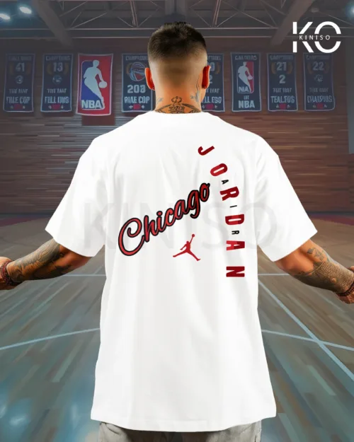 Image of White Color NBA Drop Shoulder T-Shirts with Chicago Jordan Printed for Basketball Lovers