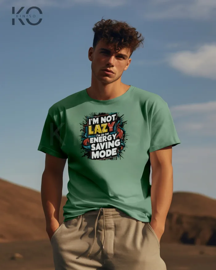 Image of Pastel Green color half sleeve designer t-shirt with Energy Saving Mode print for men at reasonable price