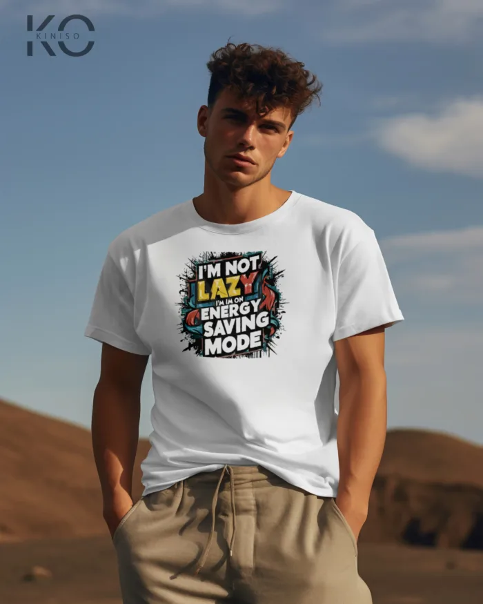 Image of White color half sleeve designer t-shirt with Energy Saving Mode print for men at reasonable price