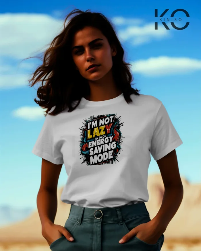 Image of White color half sleeve designer t-shirt with Energy Saving Mode print for women at reasonable price