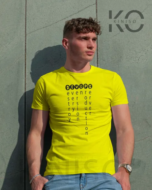 Half Sleeve Round Neck Yellow T Shirt for Men Tech Devops