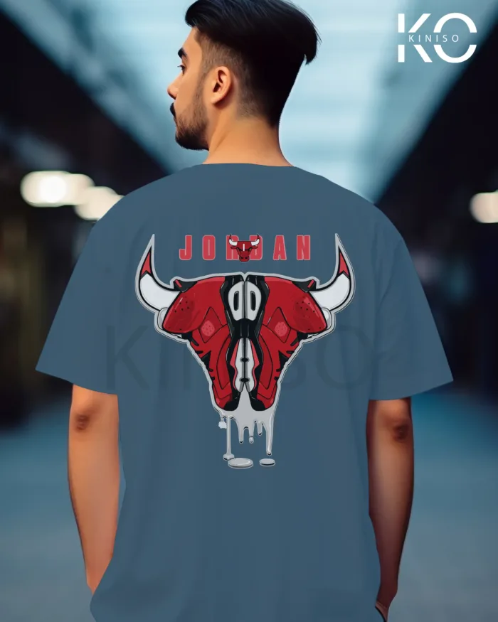 Image of Glaucous Blue Color NBA Drop Shoulder T-Shirts with Jordan Bull on Shoe Horn Printed for Basketball Lovers