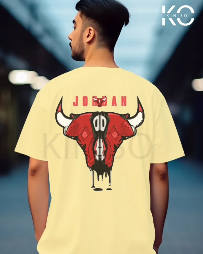 Image of Off White Color NBA Drop Shoulder T-Shirts with Jordan Bull on Shoe Horn Printed for Basketball Lovers