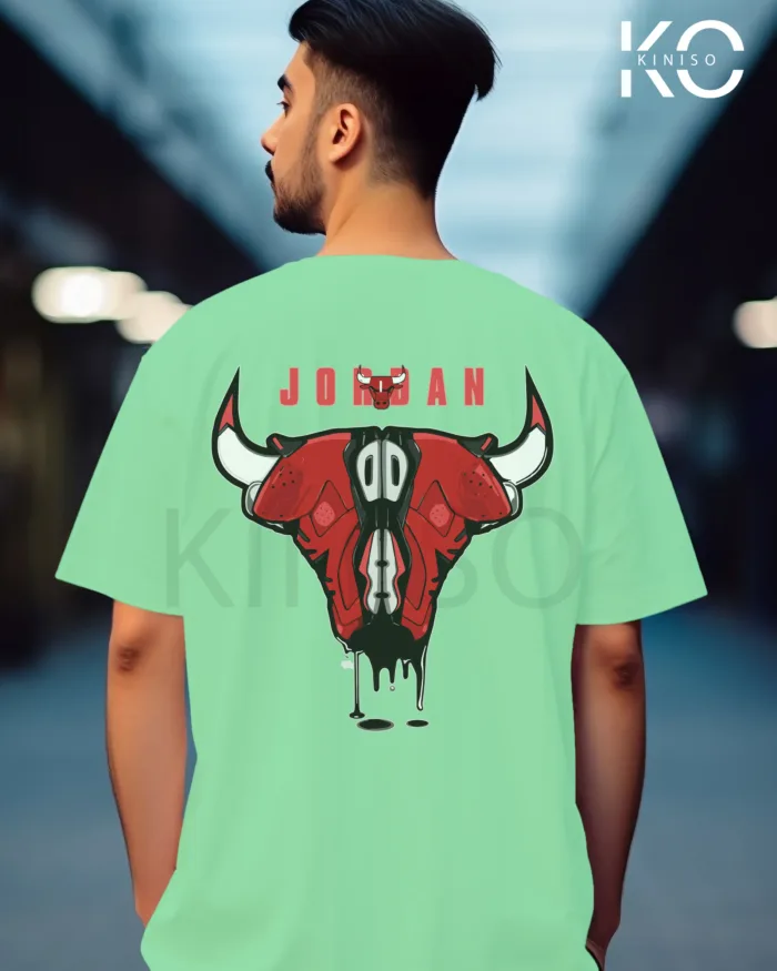 Image of Pastel Mint Color NBA Drop Shoulder T-Shirts with Jordan Bull on Shoe Horn Printed for Basketball Lovers