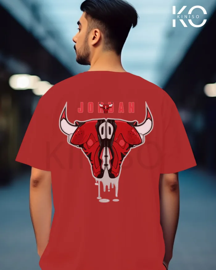 Image of Red Color NBA Drop Shoulder T-Shirts with Jordan Bull on Shoe Horn Printed for Basketball Lovers