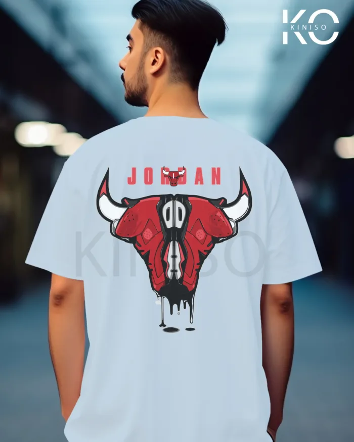 Image of Sky Blue Color NBA Drop Shoulder T-Shirts with Jordan Bull on Shoe Horn Printed for Basketball Lovers