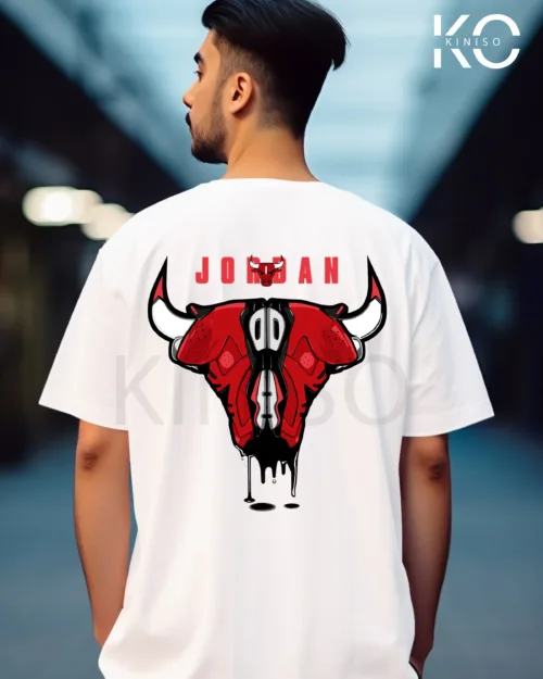 Image of White Color NBA Drop Shoulder T-Shirts with Jordan Bull on Shoe Horn Printed for Basketball Lovers